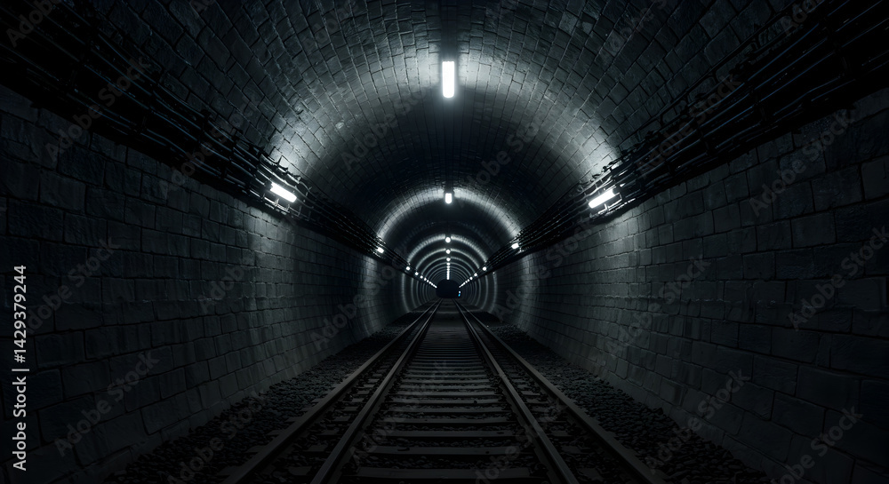 Poster illuminated railway tunnel perspective with dark brick walls and metallic rails in dim light