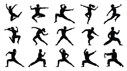 A collection of black silhouette illustrations showcasing various athletic poses