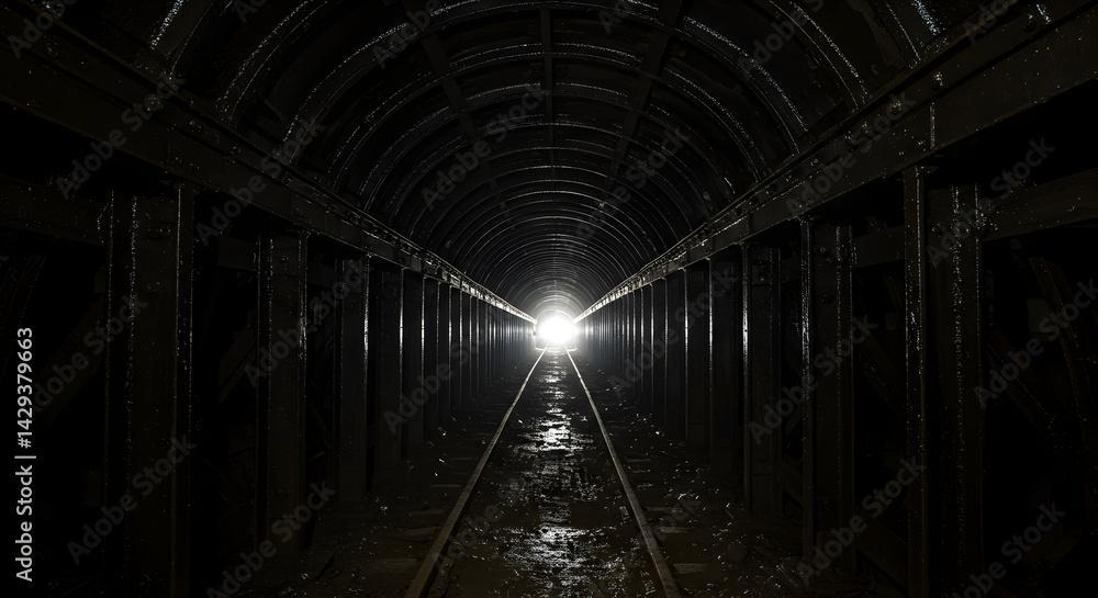Poster illuminated railway tunnel with dark steel structure reflecting light and creating a metallic aesthe