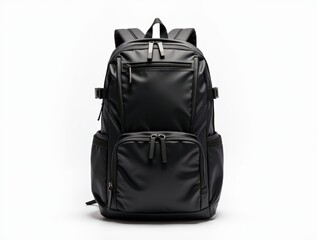 Naklejka premium Black multi-compartment backpack front view isolated