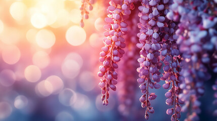 Soft focus wedding backdrop with delicate purple flowers evokes romance elegance and new beginnings symbolizing the gentle beauty of love commitment and the blossoming of a lifelong journey together

