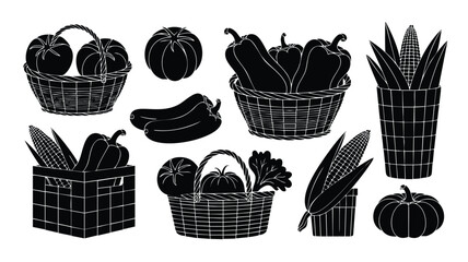 A collection of black and white silhouettes of various fresh produce items, including tomatoes, pumpkins, peppers, corn, and zucchini, arranged in baskets and crates
