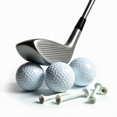 Golf equipment set with club and balls isolated

