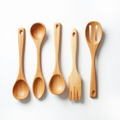 Wooden kitchen utensils set with natural finish isolated

