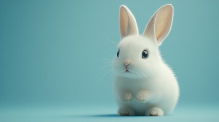 Fototapeta premium Sweet white rabbit with bright eyes and small paws, against a light blue background 