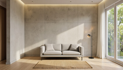 Modern interior design architecture photography: A minimalist living room showcases a beige sofa, a natural fiber rug, and floor-to-ceiling windows overlooking greenery, illuminated by soft recessed