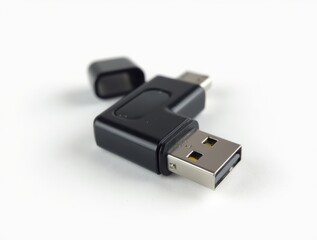 Black USB flash drive with metallic accents isolated

