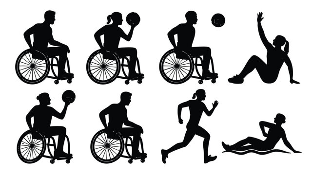 A collection of black silhouettes depicting individuals in wheelchairs and various poses, engaging in wheelchair basketball and other recreational activities