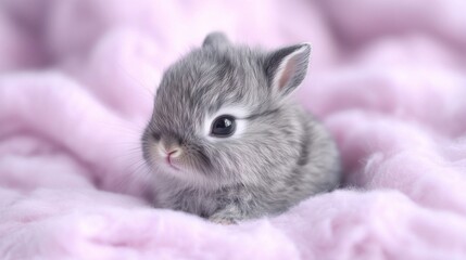 Naklejka premium Tiny baby bunny with gray fur, sitting on a pale turquoise minimalistic backdrop