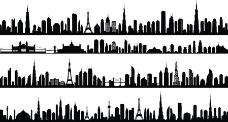 Fototapeta premium This image showcases a collection of city skylines, depicted in simple black silhouettes against a white background