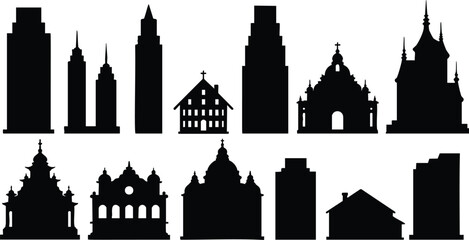 Fototapeta premium This image presents a collection of black silhouettes of various architectural styles, including skyscrapers, churches, and other structures
