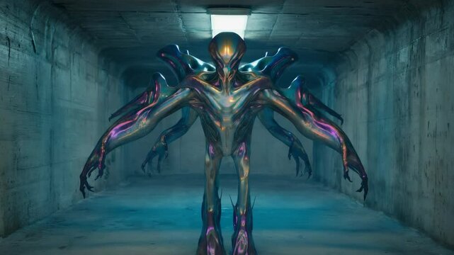 Multi-Armed Metallic Alien Standing in a Concrete Underground Tunnel with Glowing Overhead Light, Dark and Mystical, Science Fiction Theme