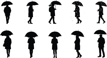 A set of twelve silhouettes of people holding umbrellas, depicting various walking poses in a rainy setting
