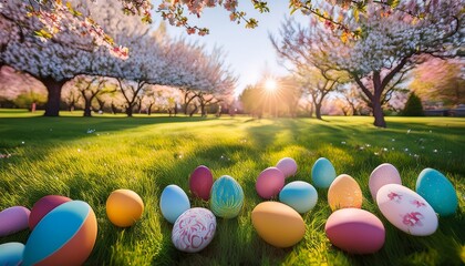 a serene spring scene with colorful easter eggs scattered on lush green grass under blossoming trees bathed in warm sunlight
