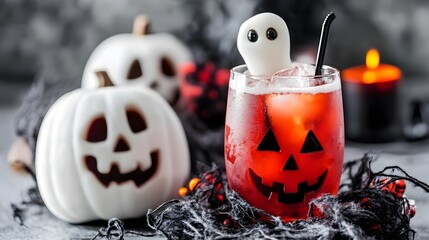 Spooky Halloween Jack-o'-lantern Cocktail with Ghost Marshmallow
