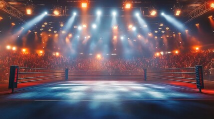 A boxing ring under bright stage lights in a crowded indoor stadium with audiences, red ropes, and blue flooring.
