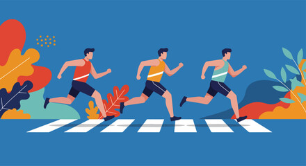 A dynamic illustration featuring three men in athletic wear, running or jogging against a stylized backdrop. This image captures the energy and movement of fitness and healthy lifestyle