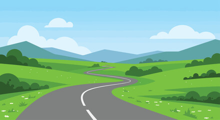 A scenic illustration featuring a winding road leading towards a distant cityscape, framed by lush greenery and a prominent wooden arrow sign © meeblues