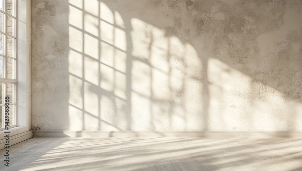 Poster sunlit empty room with large window