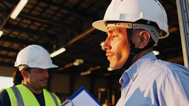 Hispanic supervisor talking with forklift driver at warehouse entrance

