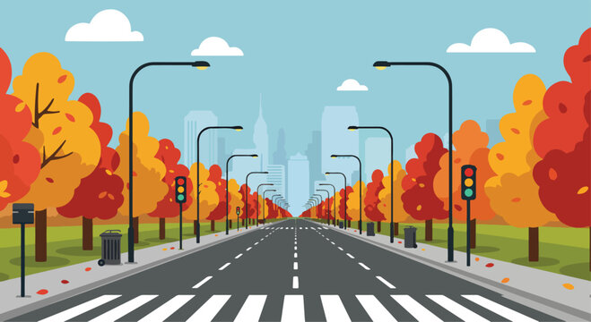 A vibrant illustration depicting an autumnal city street scene. The road stretches into the distance, flanked by trees ablaze with the warm hues of fall foliage