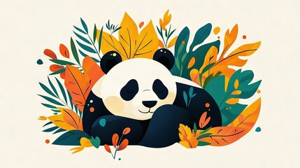  A panda on a green leaf in an orange-yellow plant forest