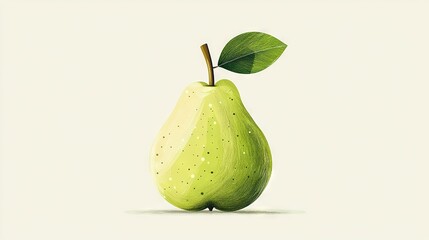   A white background with a pear painting in the center, featuring a green leaf protruding from its side