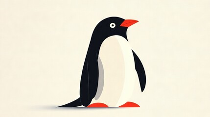   A penguin with a red beak stands in front of a white background