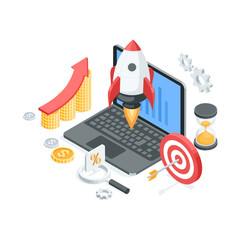 isometric vector illustration on the topic of business startup, in color on a white background, a laptop with a launch rocket and a chart of coins with an arrow, as well as a magnifying glass and a ta