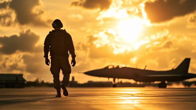 Military Soldier Walking Toward Fighter Jet on Runway at Sunset with Dramatic Sky