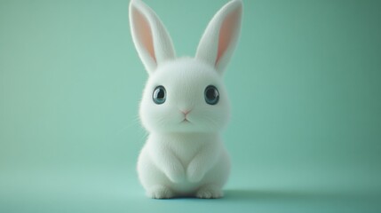 Obraz premium Tiny white bunny with bright eyes, placed against a pastel green background