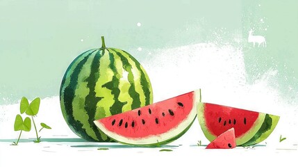   A watermelon and a slice of watermelon on a white surface with a blue sky in the background