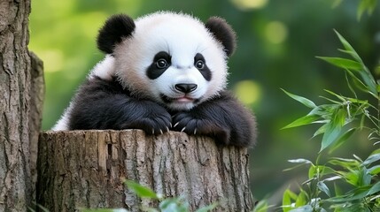 Obraz premium Adorable baby panda in lush forest setting