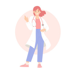 Young smart female doctor stands and raises her right hand up. Confident standing pose. Concept of hospital, doctor, talking, health care, medicine. Female physician with stethoscope. Flat vector.