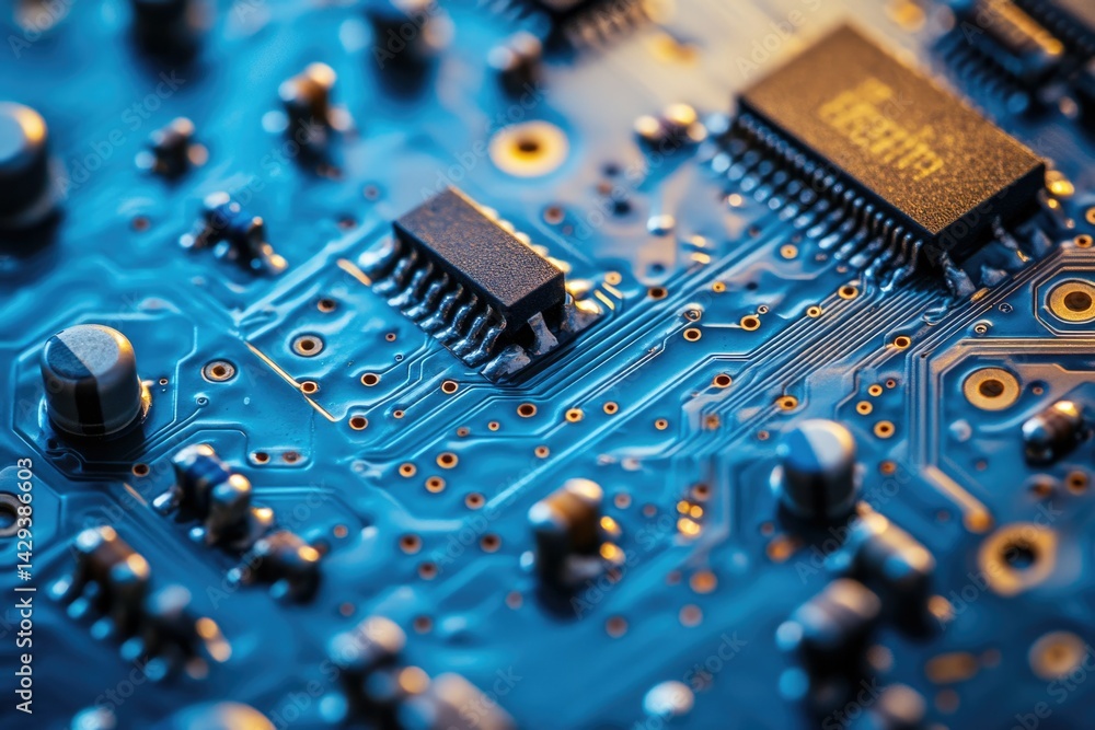 Poster close-up of a circuit board showcasing intricate electronic components and pathways.