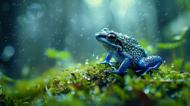 Dazzling electric blue dart frog sitting on wet moss tiny body glistening under rainforest mist intricate patterns on its skin macro wildlife photography