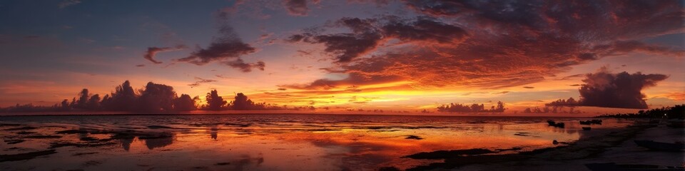 Fototapeta premium Serene Dawn in Holbox: A Captivating Sunrise Over Tranquil Seas and Heavenly Clouds