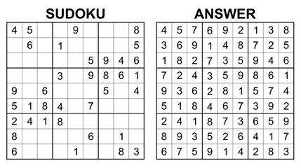Vector sudoku with answer 39. Educational game with numbers for kids and leisure for adult on white background.