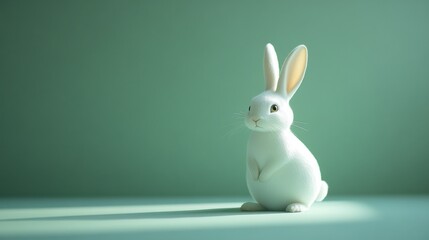 Obraz premium White rabbit with a curious pose, against a pale mint green backdrop
