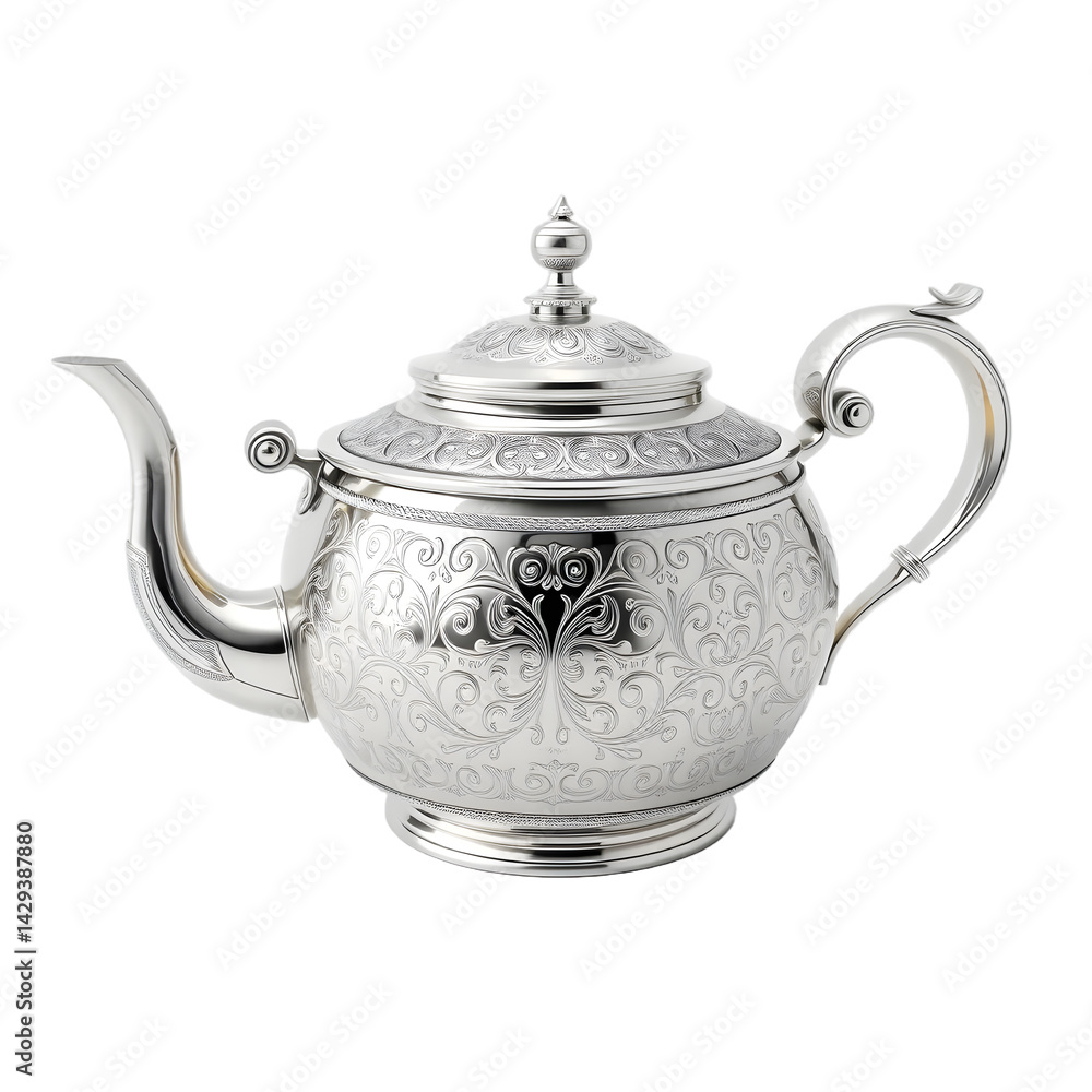 Poster Silver Teapot Rendering. Beautiful Metal Object With Detail Shown In A Straightforward View. Isolated Against A Clean Background. Perfect For Design. Ready For Your Creative Project.