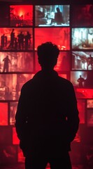 Obraz premium A person standing before multiple screens emitting red light in a dark room.