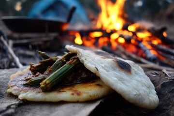 Rustic flatbread and okra stew served beside a crackling campfire in natural setting
