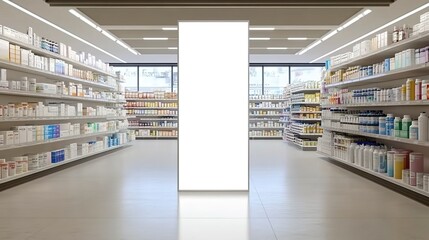 A blank white billboard centered in a well-lit pharmacy aisle with shelves fully stocked with medicines and healthcare products.