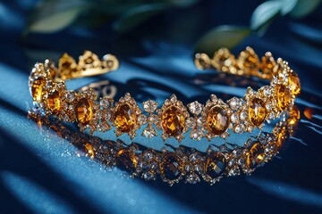 A shimmering jewelry set reflecting golden hues, set against a midnight blue surface for an opulent display.
