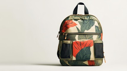 Green backpack with edgy abstract graphic design, side mesh pockets, and adjustable shoulder straps, isolate on white background