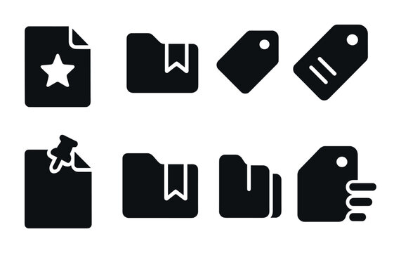 Document and organization solid icons – silhouette style library, file management, and tagging tools: document star, folder bookmark, tag, label, sticky note, organizing, hand holding tag.