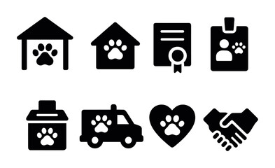 Pet care silhouette icon set – solid style for animal welfare and veterinary services: shelter, house, certificate, volunteer badge, donation box, mobile clinic, adoption, partnership