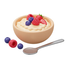 3d Illustration Enjoying Creamy Oatmeal Bowl with Fresh Berries and Spoon Isolated