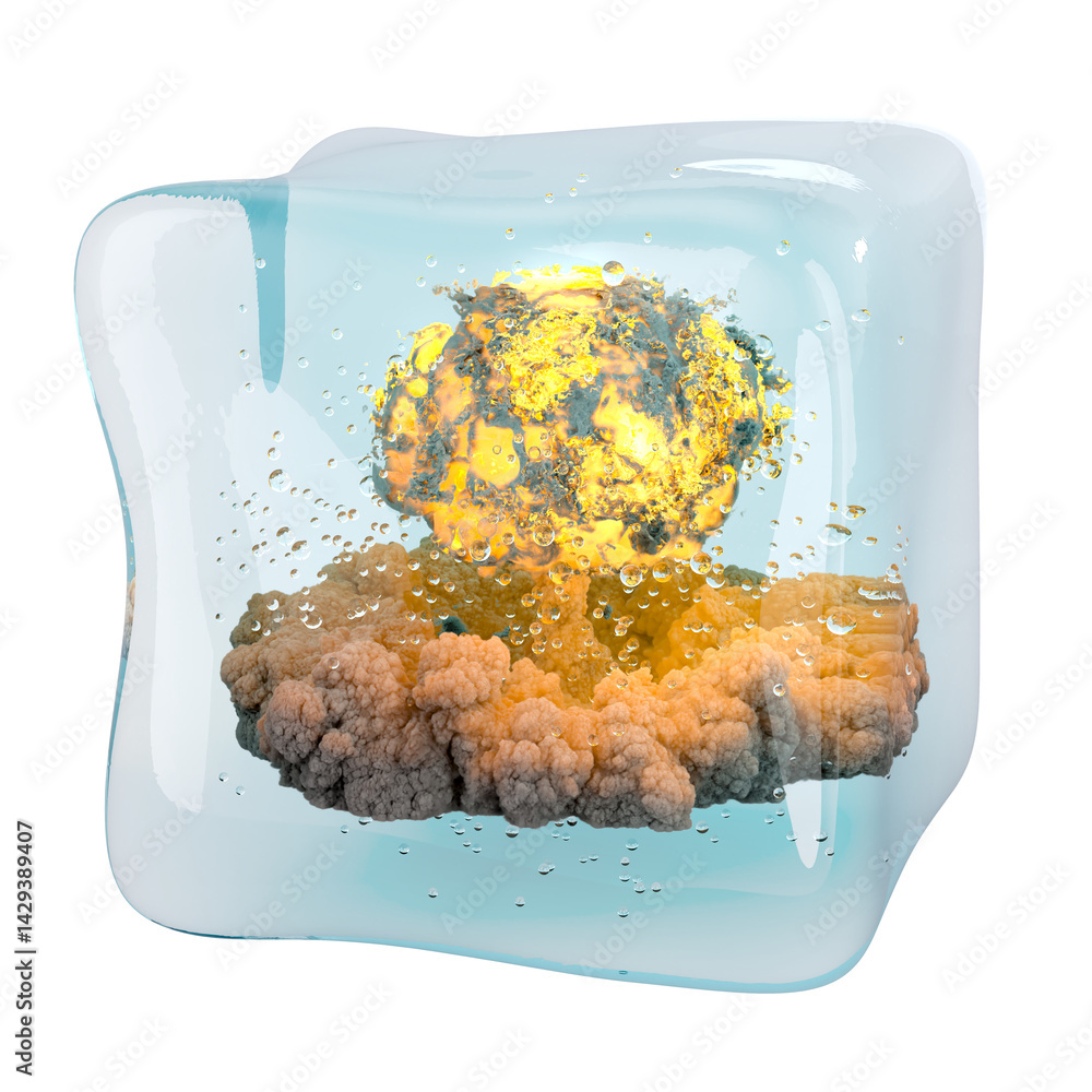 Poster mushroom cloud frozen in ice cube. preventing world war 3, concept. 3d rendering isolated on transpa