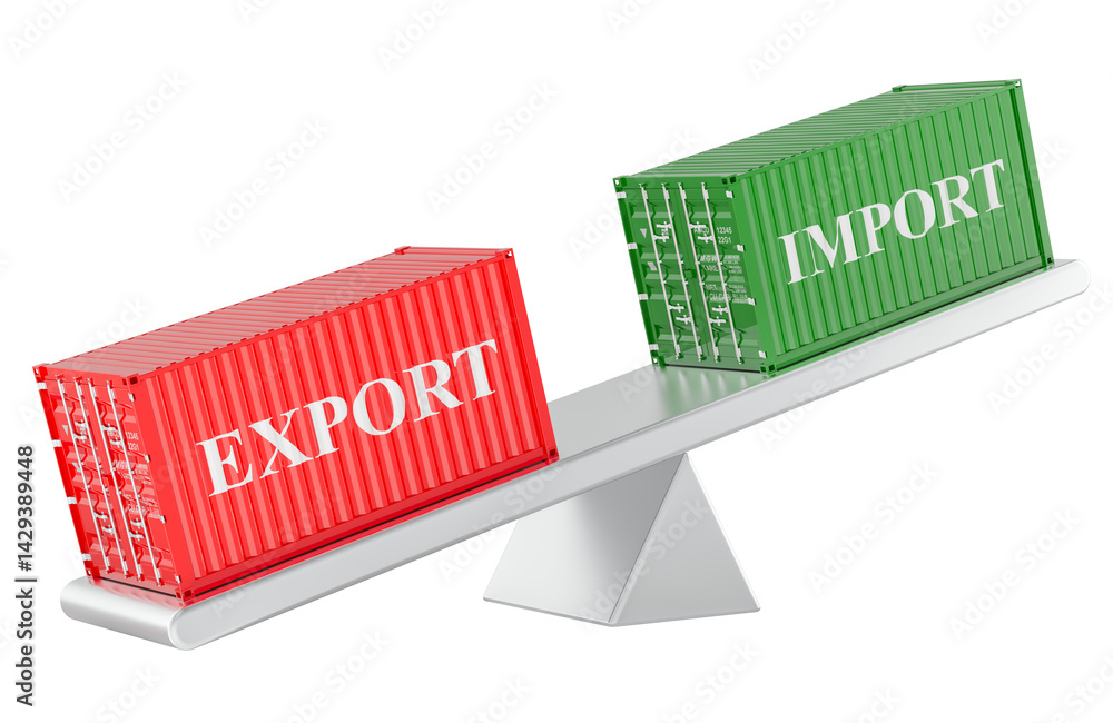 Poster import and export, balance of trade concept, 3d rendering isolated on transparent background